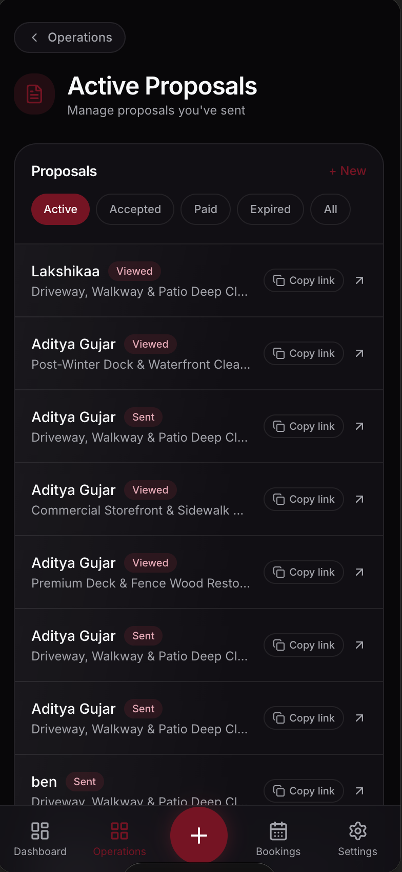 Closely operations screen listing sent proposals and their statuses