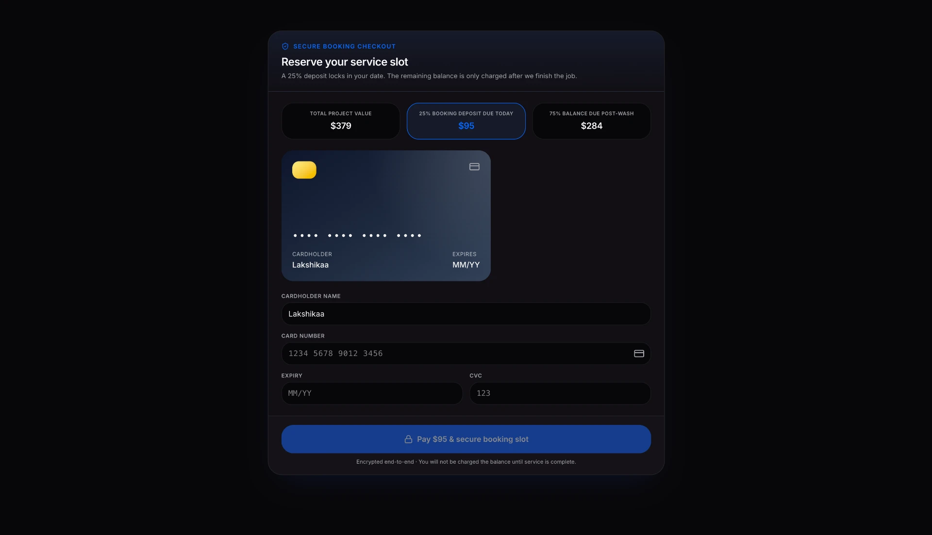 Closely secure booking checkout collecting a deposit